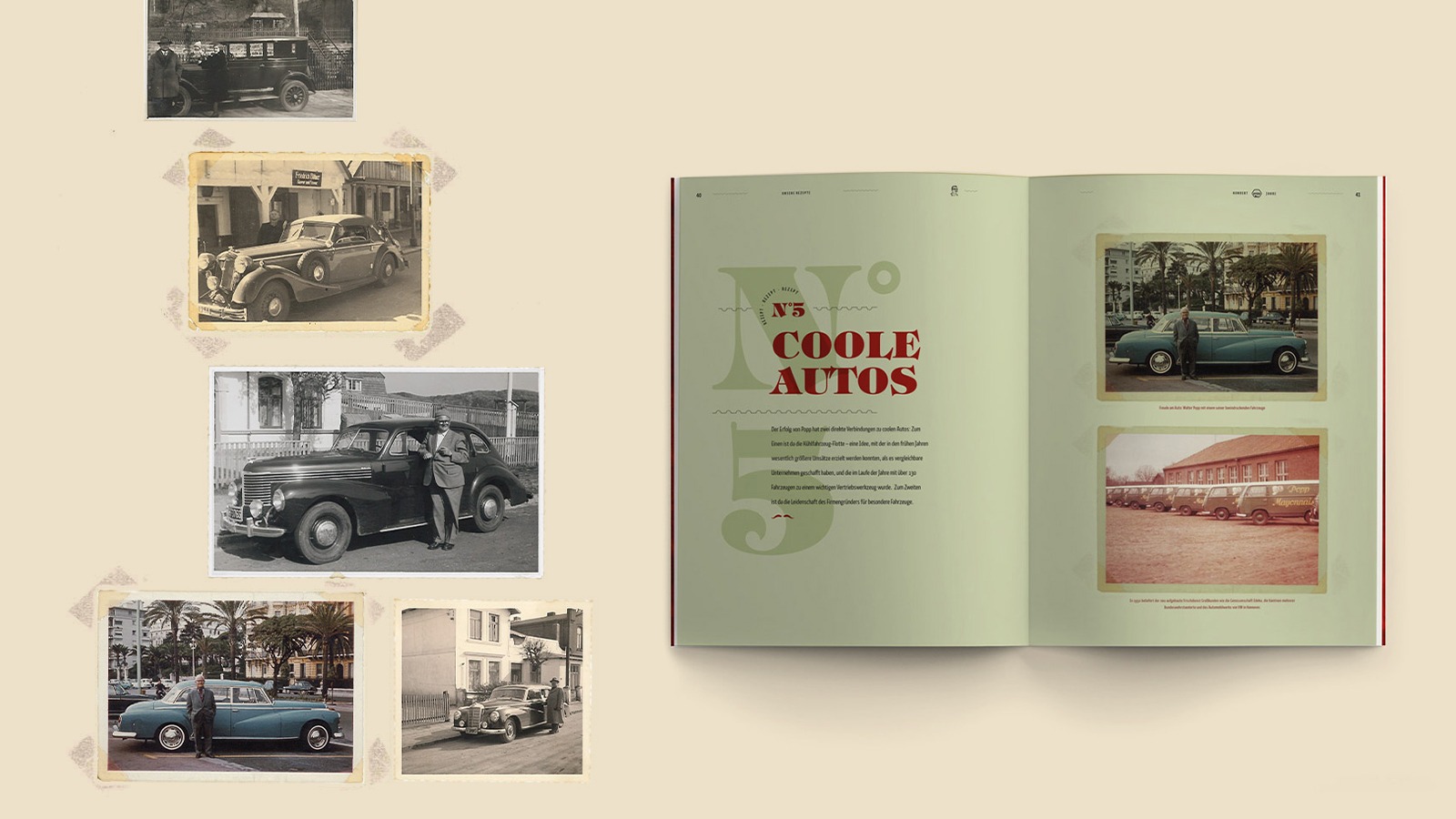 Links im Bild alte Aufnahmen von Autos. Rechts eine grüne Innenseite der Chronik mit dem Titel "Coole Autos" und ebenfalls Bildern von alten Autos.