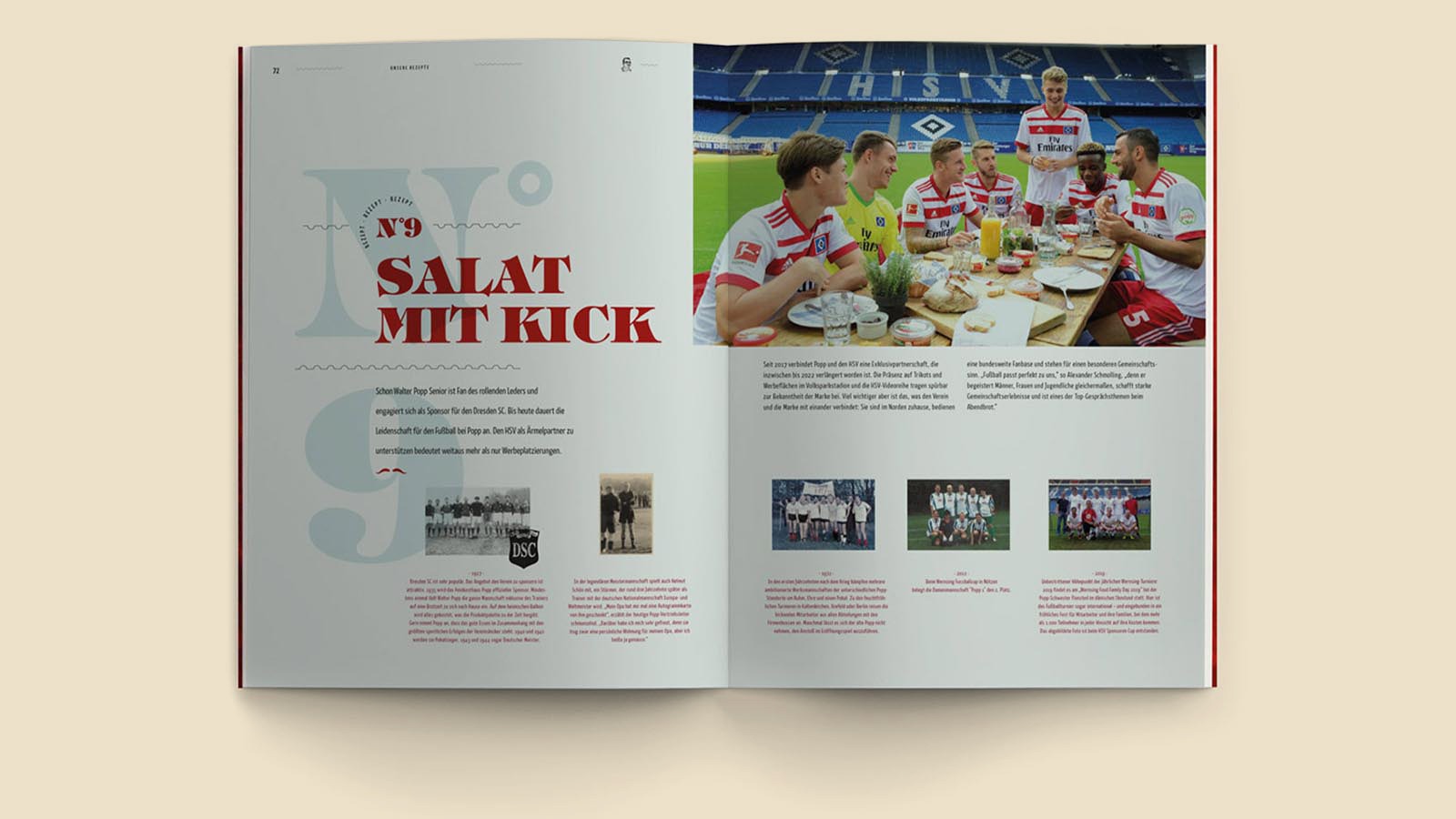 Doppelte Innenseite mit Textinhalten und der Überschrift "Salat mit Kick" und Bildern von Fußballmannschaften.