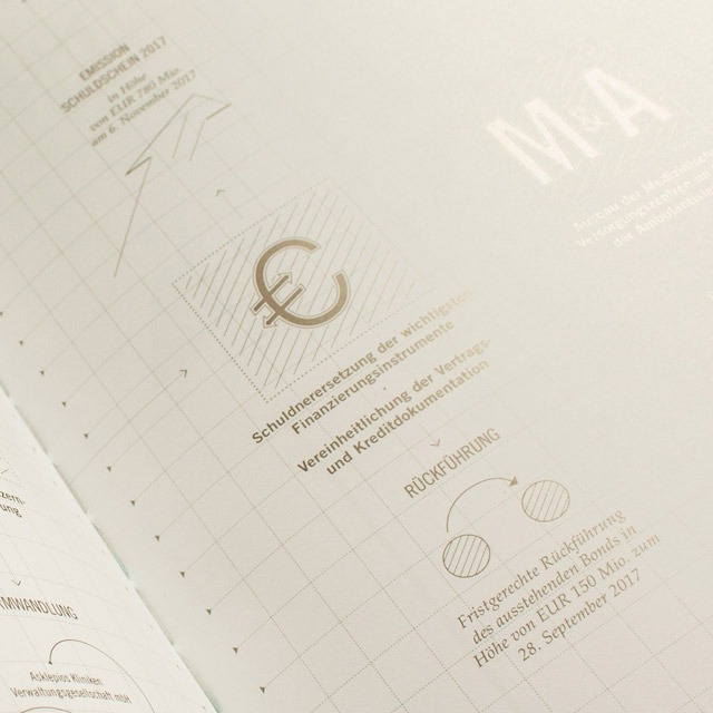 Eine Detailaufnahme mit goldener Typografie auf weißem Papier. 