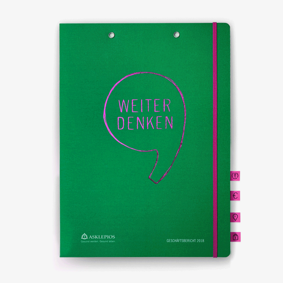 Das grüne Cover des Asklepios Geschäftsbericht mit pinkem Titel. 