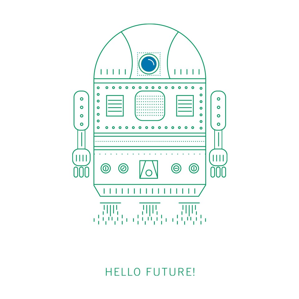 Eine Illustration eine Roboters mit der Unterschrift "Hallo Future!"