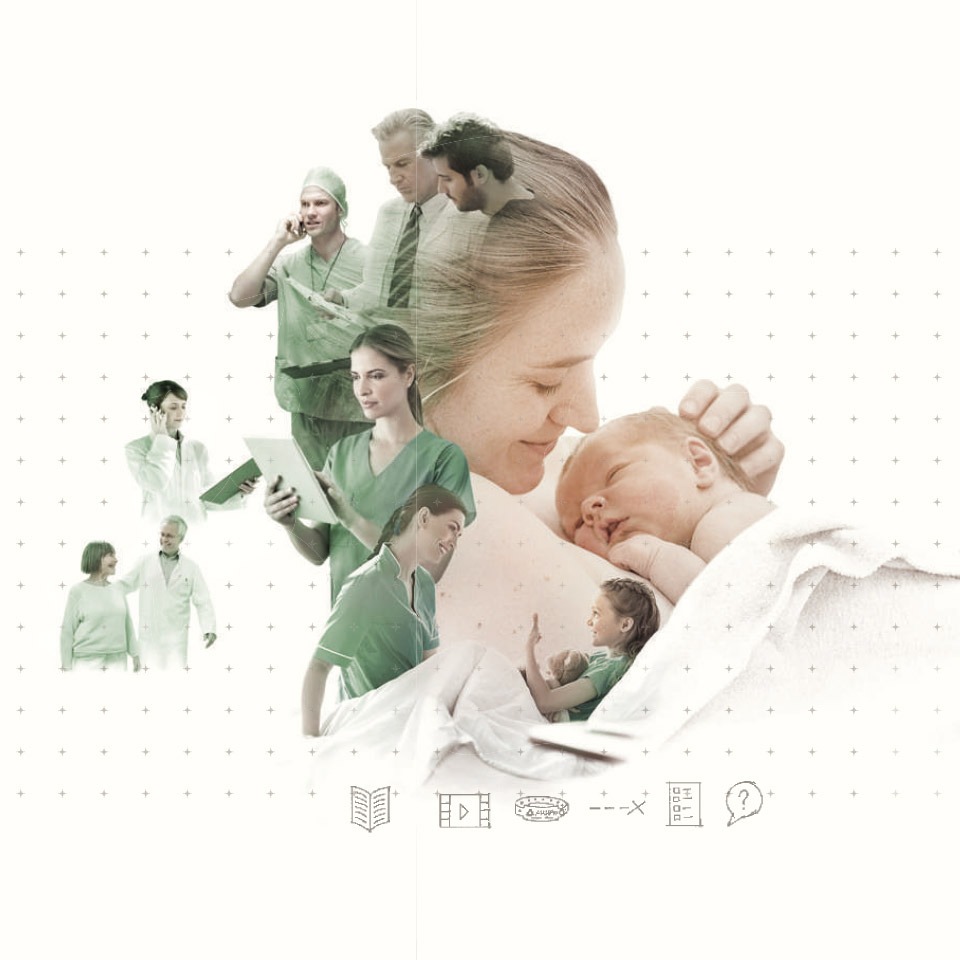 Eine Collage von einer Frau, die ihr Kind auf der Brust hält und Fachkräften aus einem Krankenhaus in verschiedensten Situationen. 