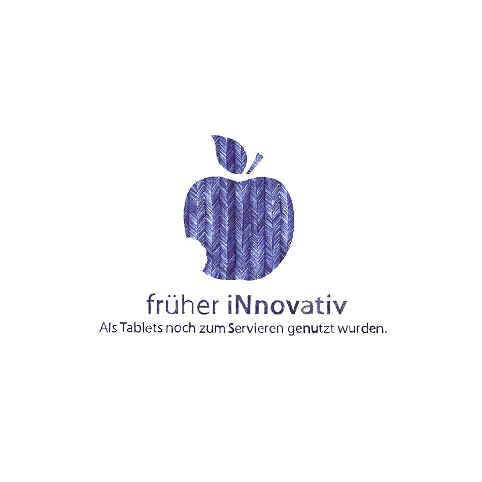 Eine Illustration eines angebissenen Apfels als Kugelschreiberskizze und der Slogan "Früher iNnovativ - als Tablets noch zum Servieren genutzt wurden."