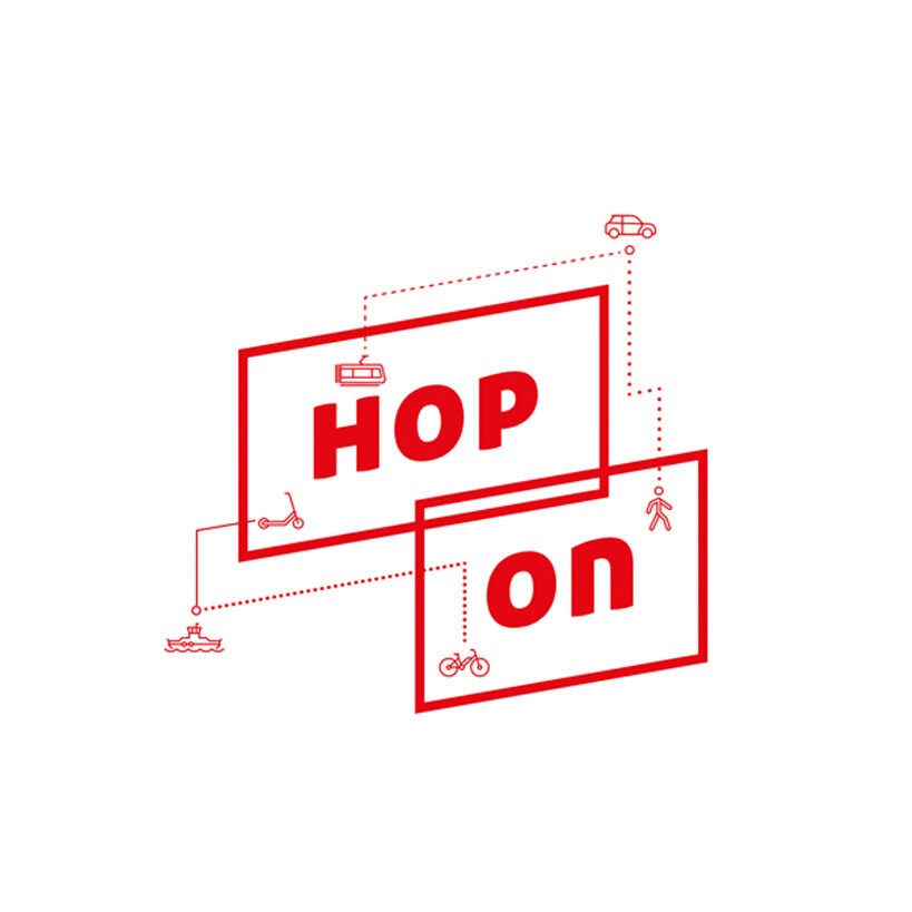 Eine rote Illustration mit dem Titel "Hop on" eingerahmt in rote Linien und kleine Grafiken von Verkehrsmitteln. 