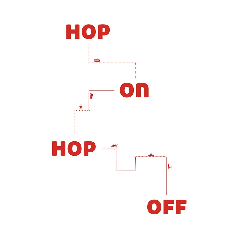 Illustration von Hop On Hop Off verbunden mit roten Linien und Grafiken von Verkehrsmitteln.