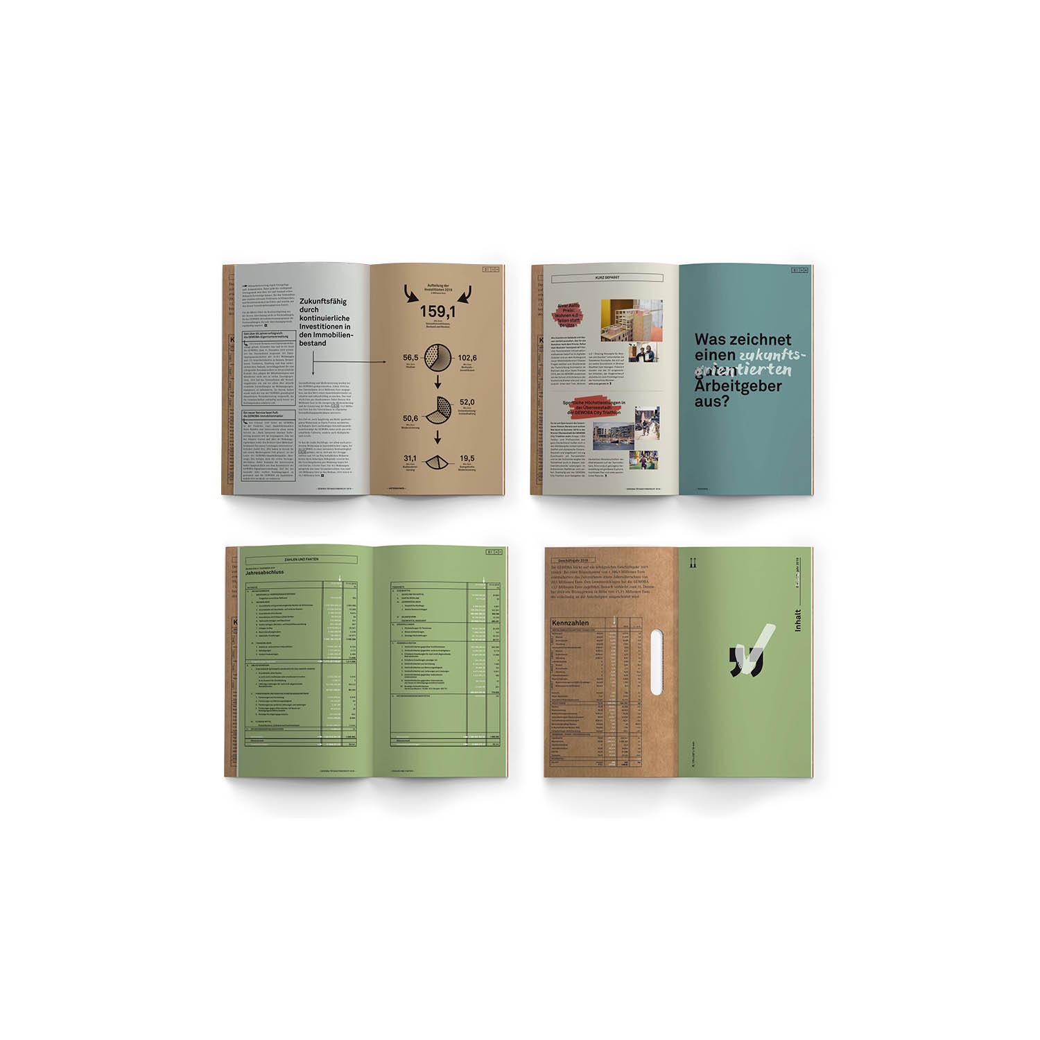 Buch mit einem Umschlag aus Wellpappe und Aufkleber als Verschlusselement. POALRWERK hat für die Kennzahlen von GEWOBA ein Design und Produktion für den CSR-Report übernommen.