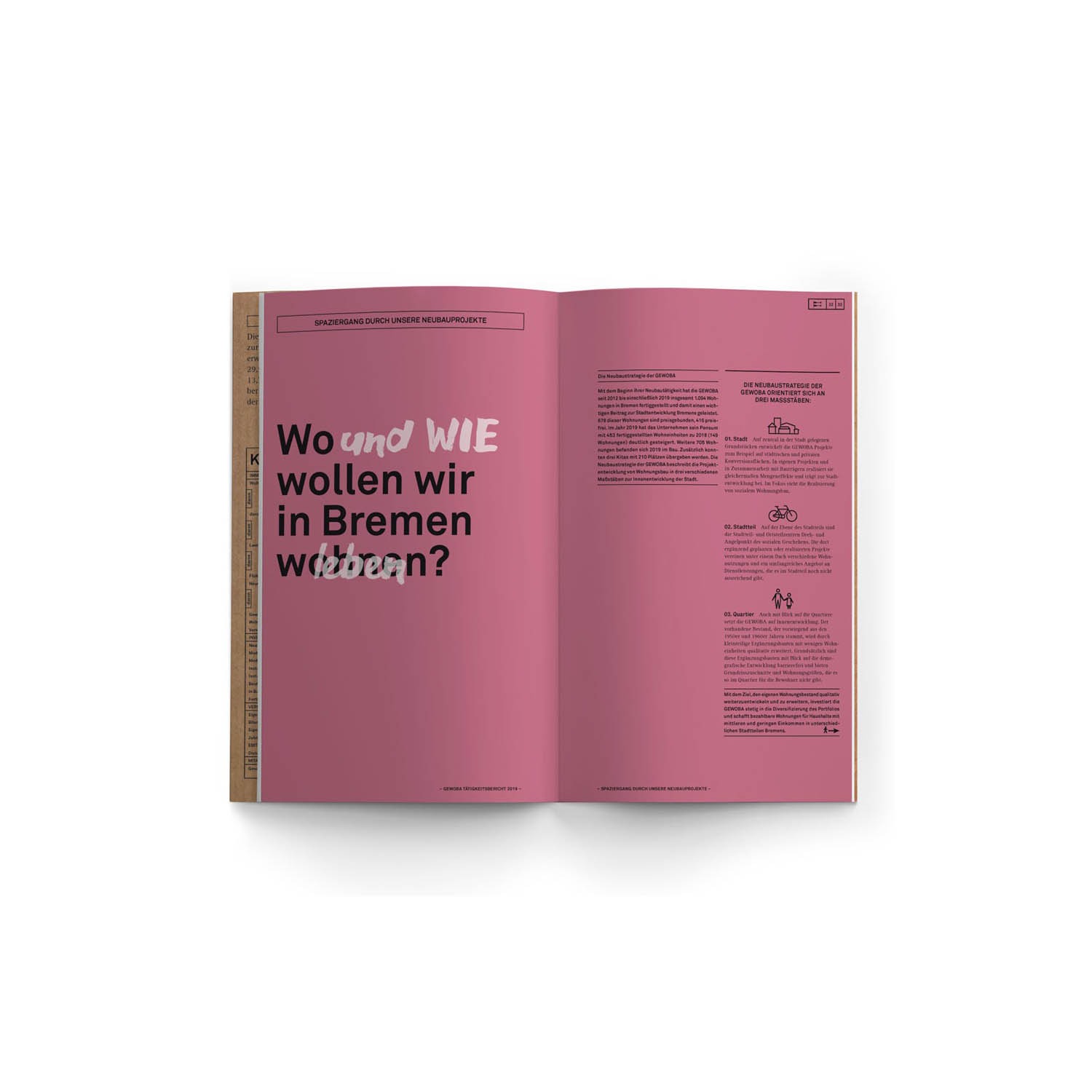 Buch mit einem Umschlag aus Wellpappe und Aufkleber als Verschlusselement. POALRWERK hat für die Kennzahlen von GEWOBA ein Design und Produktion für den CSR-Report übernommen.